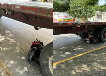 Se salvan motociclista y acompañante de ser arrollados por un tráiler en la avenida 115 de Playa del Carmen