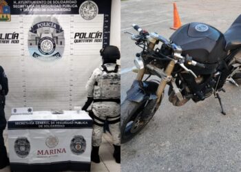 Policía Municipal de Solidaridad recupera una motocicleta con reporte de robo y decomisan 53 posibles dosis de narcóticos en otro hecho