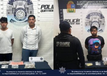 Policía Municipal de Solidaridad sigue dando resultados efectivos contra el narcomenudeo, esta vez asegurando a 3 sujetos con posibles narcóticos