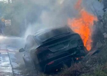 Se incendia un Tesla en Puerto Aventuras; conductor perdió el control y cayó de un puente