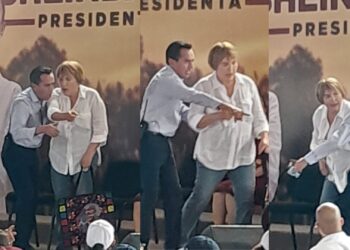 ¡VA PA FUERA! Bajan de templete a Laura Beristain durante visita de Claudia Sheinbaum en Playa del Carmen