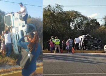 Vuelca una van en la carretera federal 307 en el tramo Playa del Carmen-Tulum; se lesionan 15 personas